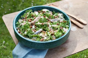 Salade met West-Vlaamse gerookte sprot, hoeveschapenkaas uit de Vlaamse Ardennen en een stroop-mosterd sausje Salade met West-Vlaamse gerookte sprot, hoeveschapenkaas uit de Vlaamse Ardennen en een stroop-mosterd sausje