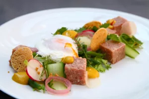 Salade van Molse kipkap, gepocheerd ei en dressing van straffe Leuvense mosterd