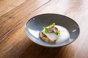 Pladijs met grondwitloof, mousseline van oude geuze en mosterd uit het Leuvense