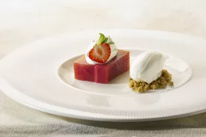 Terrine van rabarber, yoghurtsorbet en crème van cheesecake