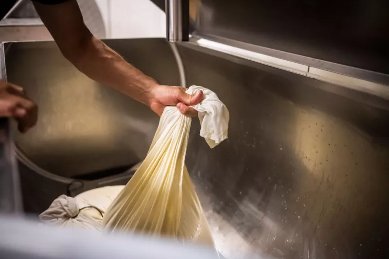 De plattekaas lekt uit in katoenen zakken Streekproduct.be