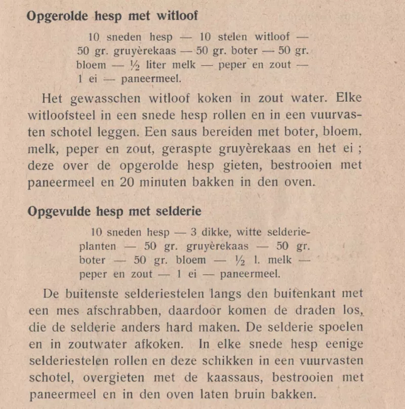 Ons Kookboekje 1933 Opgerolde hesp met witloof en selder. Streekproduct.be